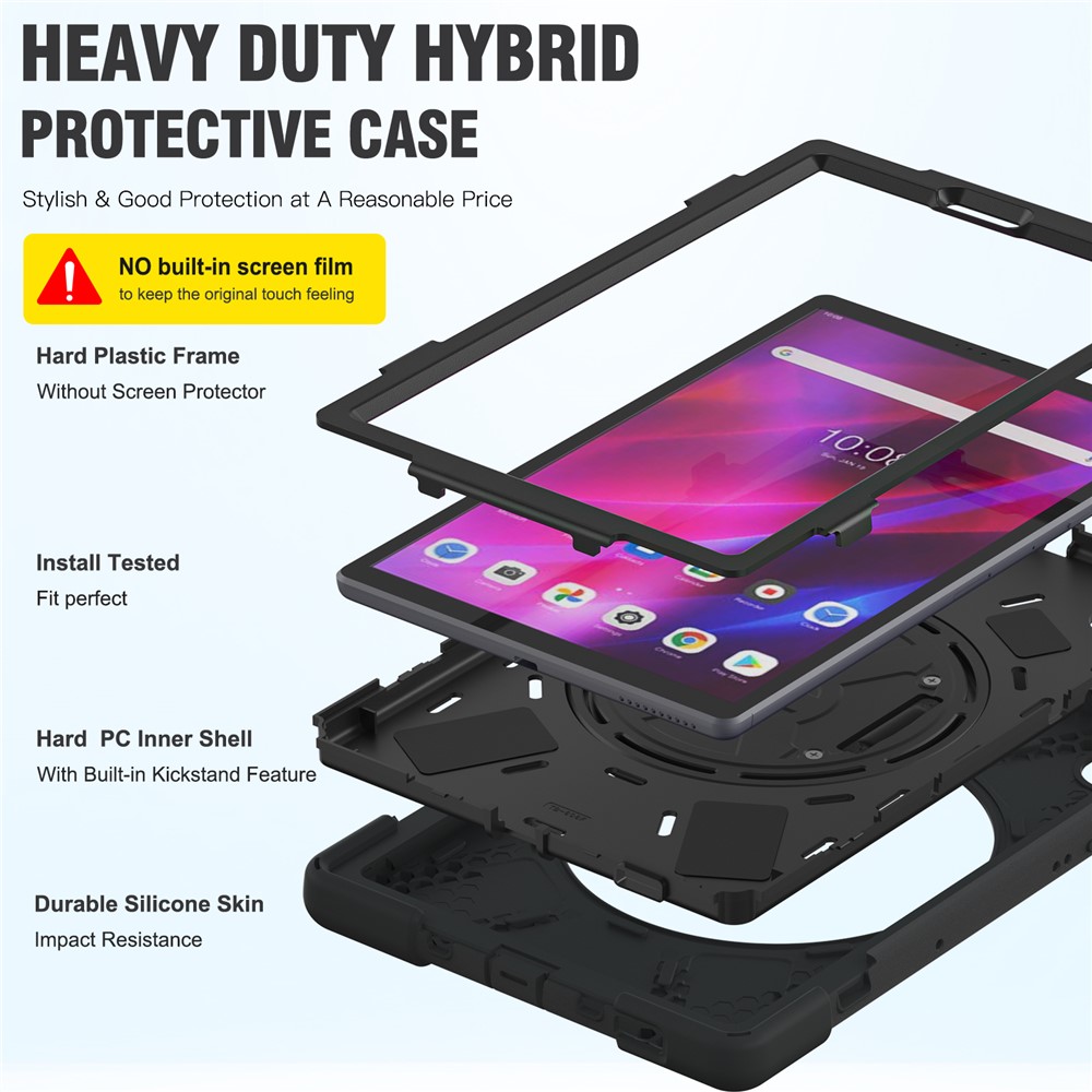 For Lenovo Tab K10/M10 Plus 360-degree Swiveling Kickstand Anti-scratch PC + Silicone Hybrid Case Cover Shell with Hand Band - Black-5