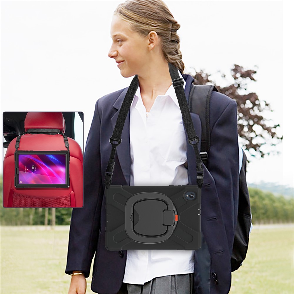 For Lenovo Tab K10/M10 Plus Anti-fall Shoulder Strap Design PC+Silicone Hybrid Tablet Cover with 360° Swivel Kickstand Case - Black-6