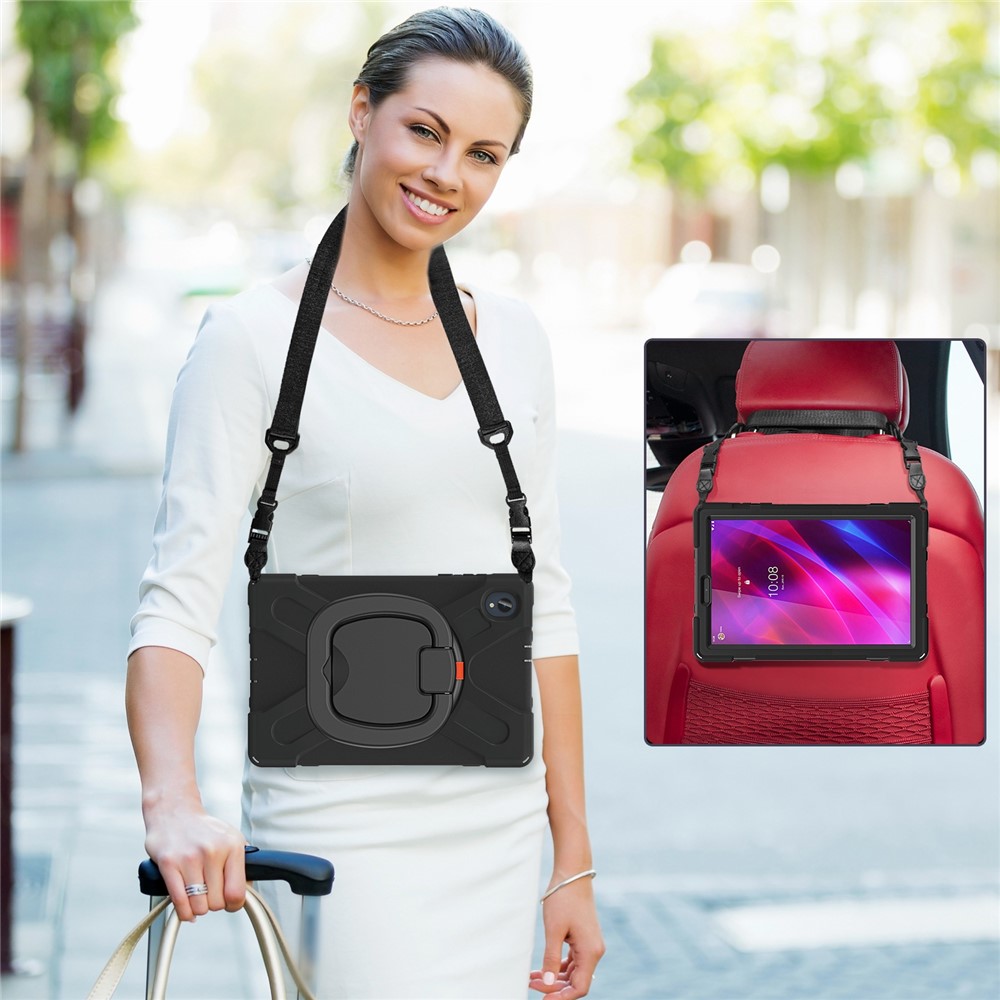 For Lenovo Tab K10/M10 Plus Anti-fall Shoulder Strap Design PC+Silicone Hybrid Tablet Cover with 360° Swivel Kickstand Case - Black-7