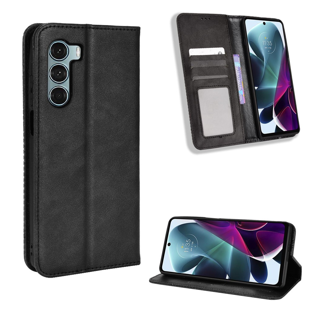 For Motorola Moto G200 5G/Edge S30 Scratch-resistant PU Leather Wallet Case Imprinted Mosaic Vintage Anti-fall Magnetic Absorption Stand Flip Cell Phone Cover - Black-8