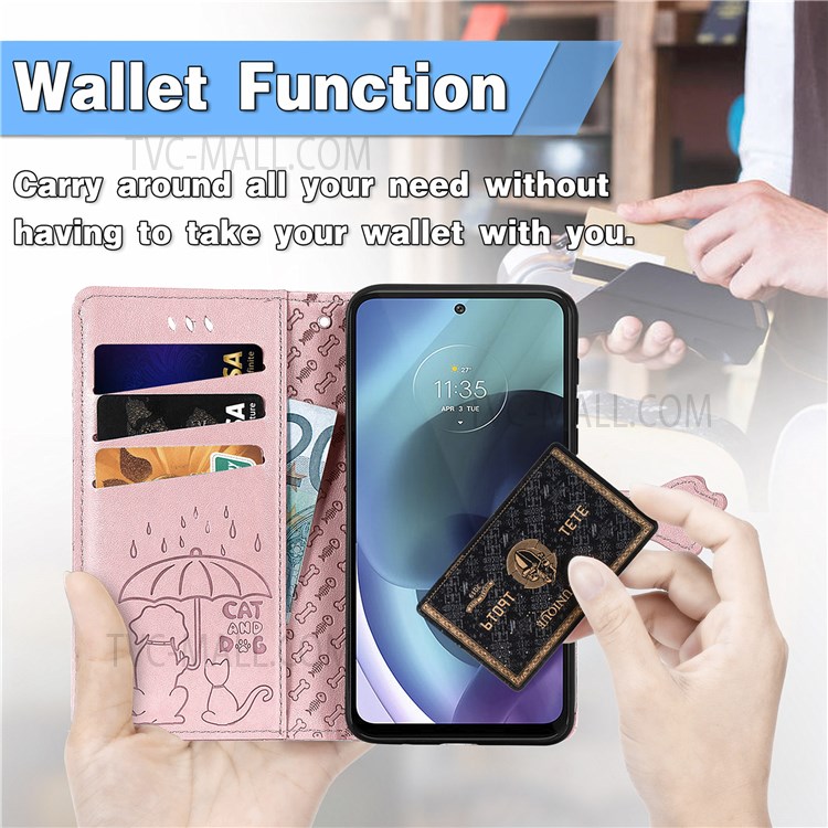 Cat Dog Imprinted Phone Case for Motorola Moto G71 5G, PU Leather Magnetic Clasp Flip Stand Folding Cover with Wallet and Strap - Rose Gold-10