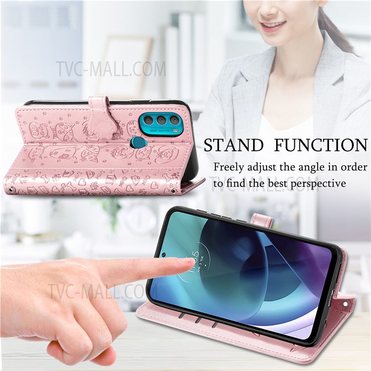 Cat Dog Imprinted Phone Case for Motorola Moto G71 5G, PU Leather Magnetic Clasp Flip Stand Folding Cover with Wallet and Strap - Rose Gold-11
