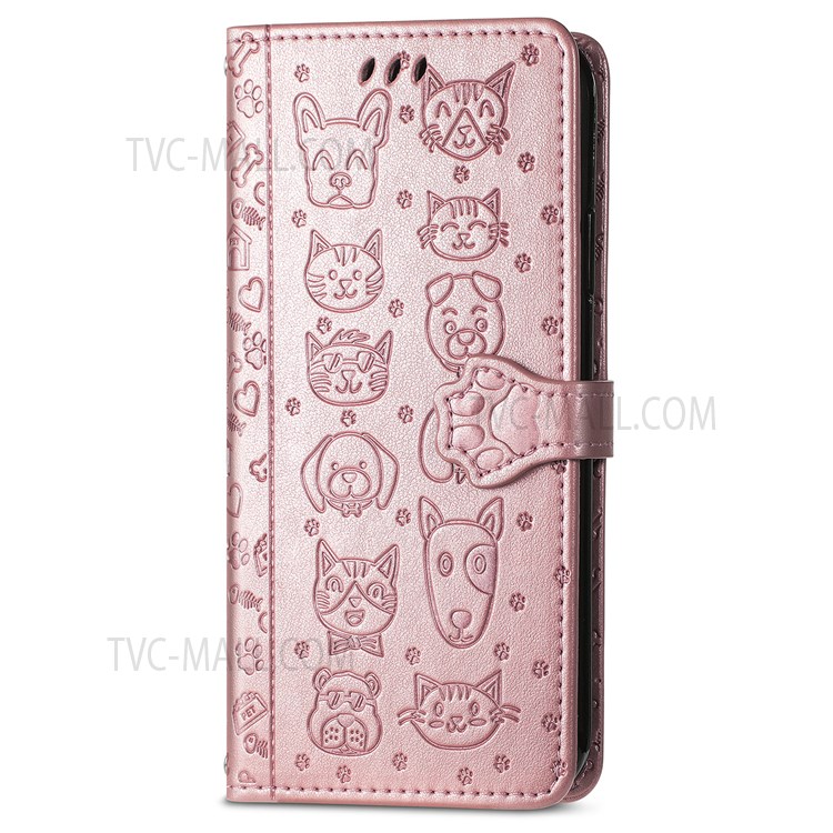 Cat Dog Imprinted Phone Case for Motorola Moto G71 5G, PU Leather Magnetic Clasp Flip Stand Folding Cover with Wallet and Strap - Rose Gold-2