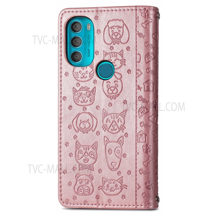 Cat Dog Imprinted Phone Case for Motorola Moto G71 5G, PU Leather Magnetic Clasp Flip Stand Folding Cover with Wallet and Strap - Rose Gold-3