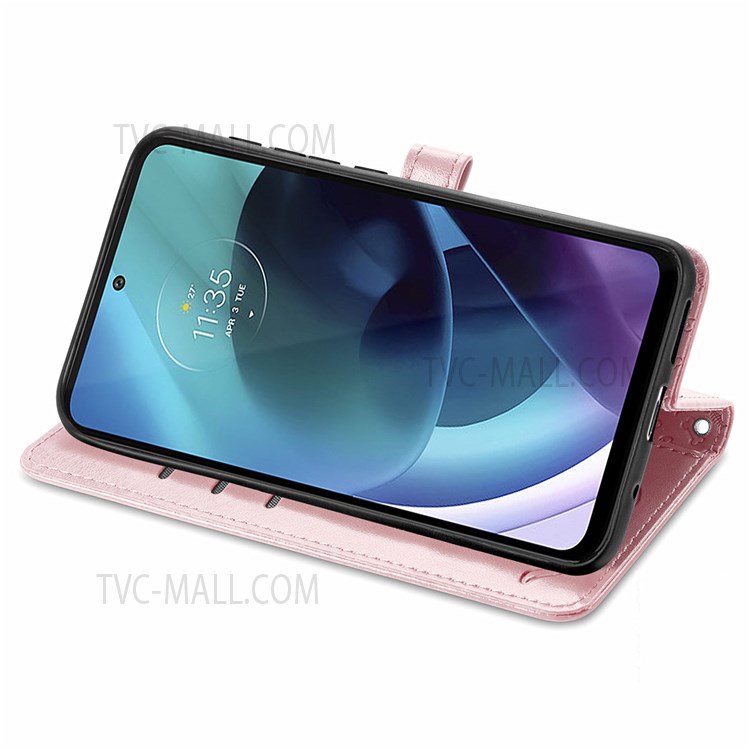 Cat Dog Imprinted Phone Case for Motorola Moto G71 5G, PU Leather Magnetic Clasp Flip Stand Folding Cover with Wallet and Strap - Rose Gold-5