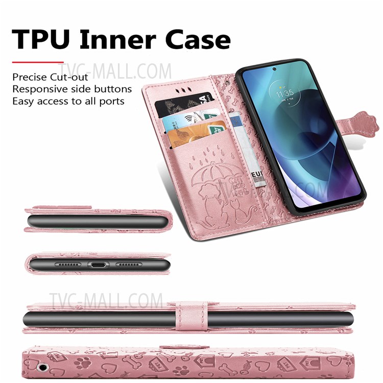 Cat Dog Imprinted Phone Case for Motorola Moto G71 5G, PU Leather Magnetic Clasp Flip Stand Folding Cover with Wallet and Strap - Rose Gold-8