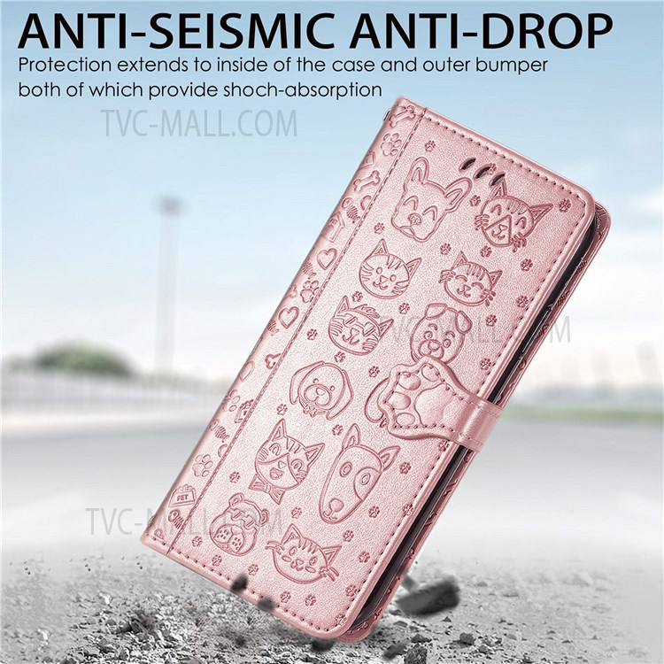 Cat Dog Imprinted Phone Case for Motorola Moto G71 5G, PU Leather Magnetic Clasp Flip Stand Folding Cover with Wallet and Strap - Rose Gold-9