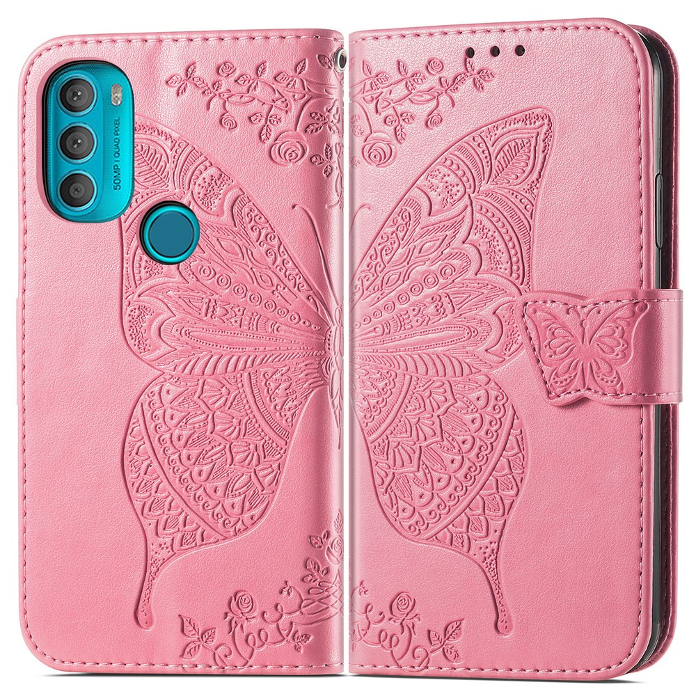 Flip Folio Cover for Motorola Moto G31, Butterfly Flower Imprinted PU Leather Wallet Stand Phone Case Shell with Wrist Strap - Pink-1