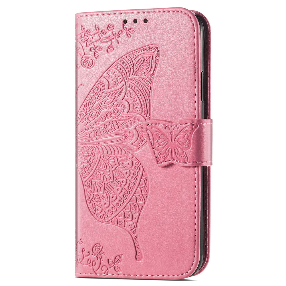 Flip Folio Cover for Motorola Moto G31, Butterfly Flower Imprinted PU Leather Wallet Stand Phone Case Shell with Wrist Strap - Pink-2