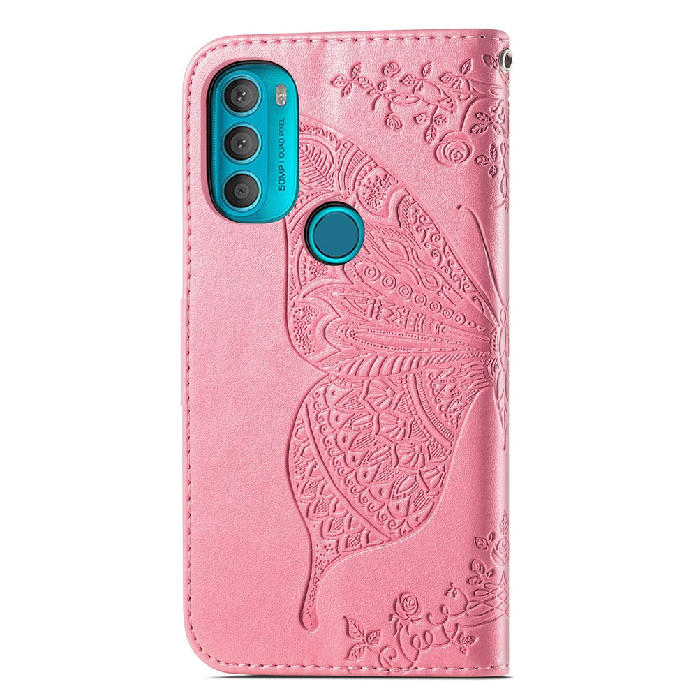 Flip Folio Cover for Motorola Moto G31, Butterfly Flower Imprinted PU Leather Wallet Stand Phone Case Shell with Wrist Strap - Pink-3