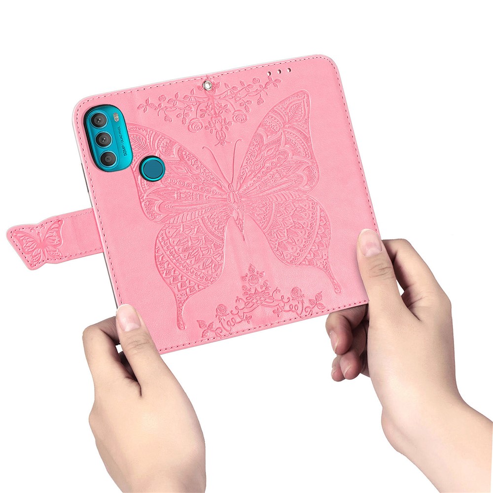 Flip Folio Cover for Motorola Moto G31, Butterfly Flower Imprinted PU Leather Wallet Stand Phone Case Shell with Wrist Strap - Pink-6