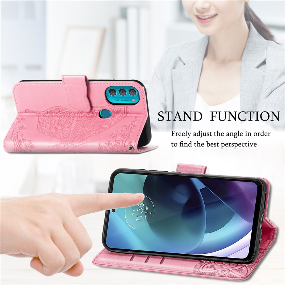 Flip Folio Cover for Motorola Moto G31, Butterfly Flower Imprinted PU Leather Wallet Stand Phone Case Shell with Wrist Strap - Pink-8