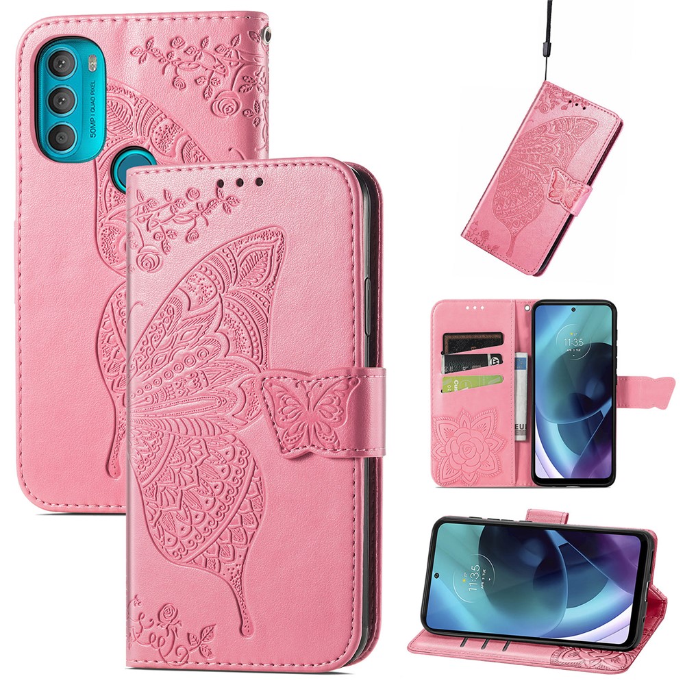 Flip Folio Cover for Motorola Moto G31, Butterfly Flower Imprinted PU Leather Wallet Stand Phone Case Shell with Wrist Strap - Pink-9