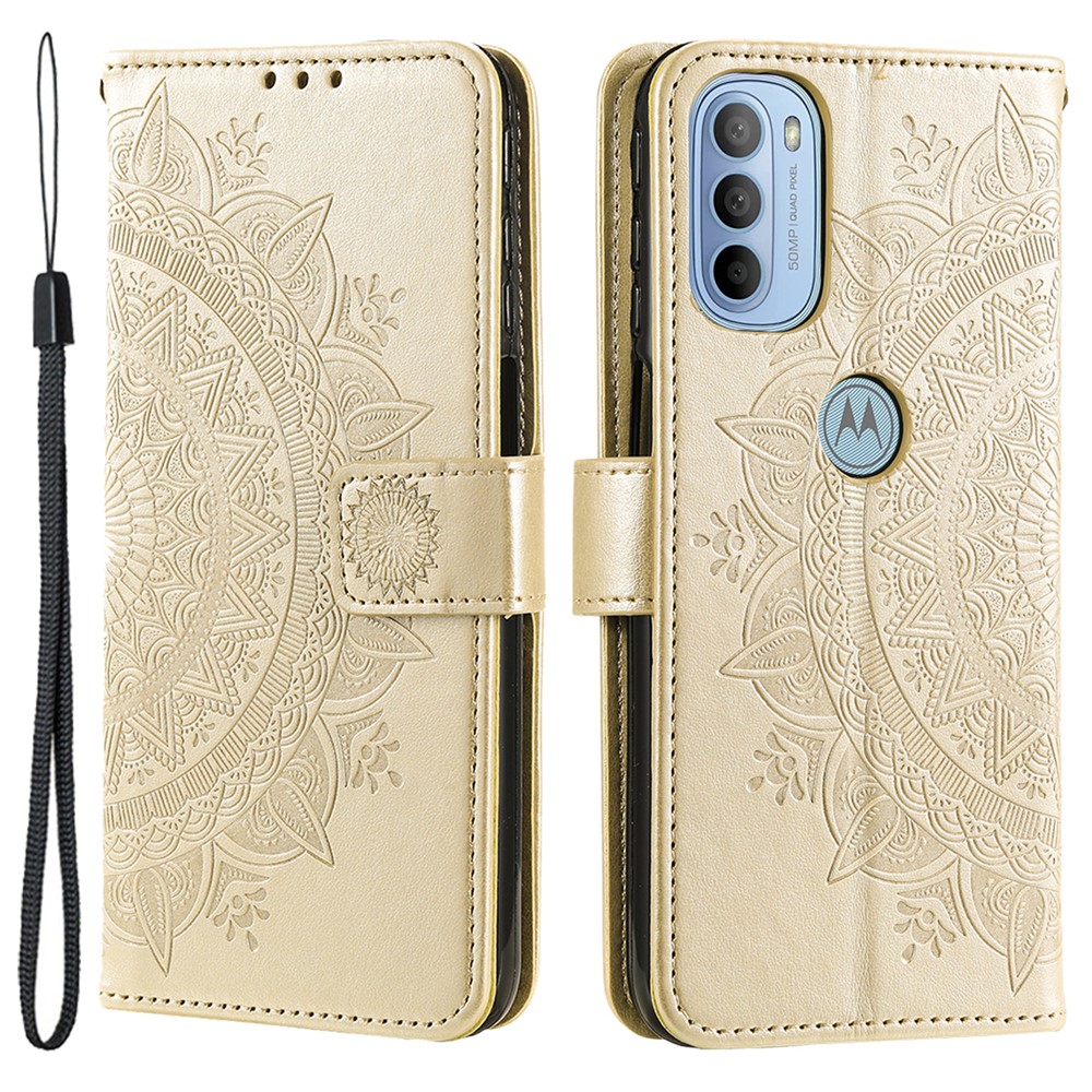 For Motorola Moto G31/Moto G41 PU Leather Wallet Phone Case Mandala Flower Imprinted Stand Flip Cover with Hand Strap - Gold-1