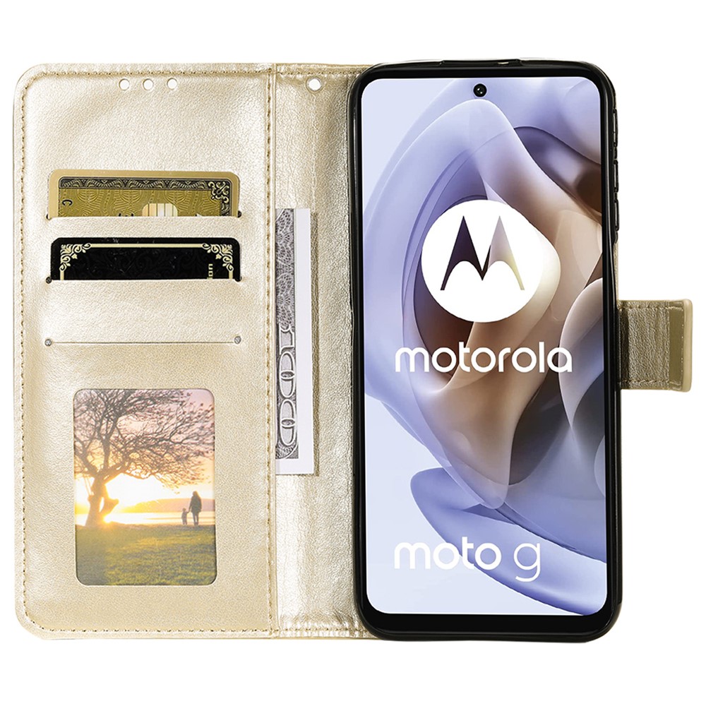For Motorola Moto G31/Moto G41 PU Leather Wallet Phone Case Mandala Flower Imprinted Stand Flip Cover with Hand Strap - Gold-4