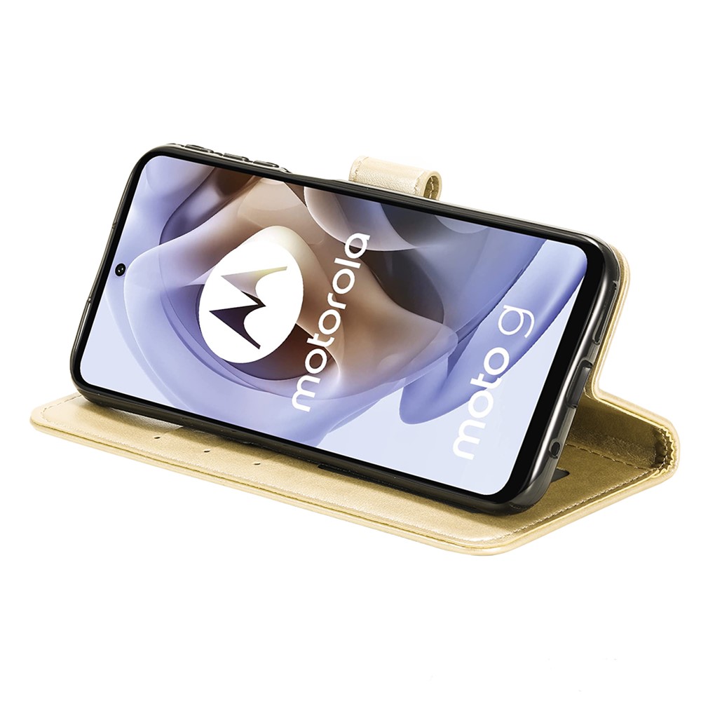 For Motorola Moto G31/Moto G41 PU Leather Wallet Phone Case Mandala Flower Imprinted Stand Flip Cover with Hand Strap - Gold-5