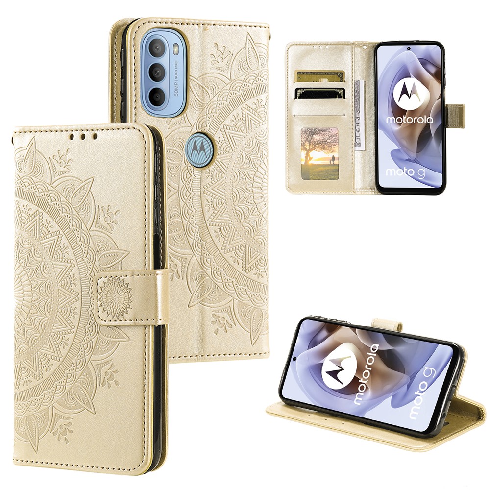 For Motorola Moto G31/Moto G41 PU Leather Wallet Phone Case Mandala Flower Imprinted Stand Flip Cover with Hand Strap - Gold-6