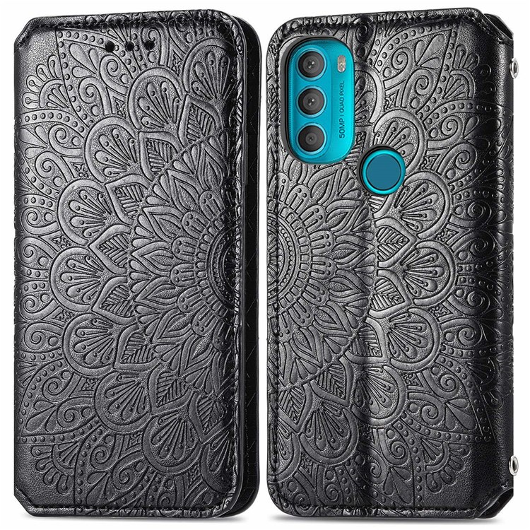For Motorola Moto G71 5G Magnetic Auto-absorbed PU Leather Case Mandala Flower Imprinted Stand Flip Wallet Cover - Black-1