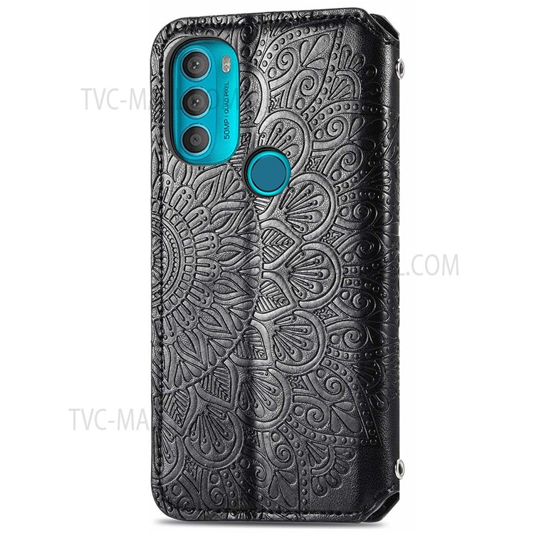 For Motorola Moto G71 5G Magnetic Auto-absorbed PU Leather Case Mandala Flower Imprinted Stand Flip Wallet Cover - Black-3