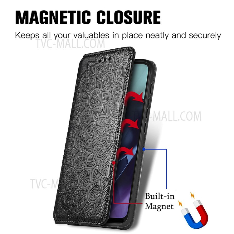 For Motorola Moto G71 5G Magnetic Auto-absorbed PU Leather Case Mandala Flower Imprinted Stand Flip Wallet Cover - Black-6