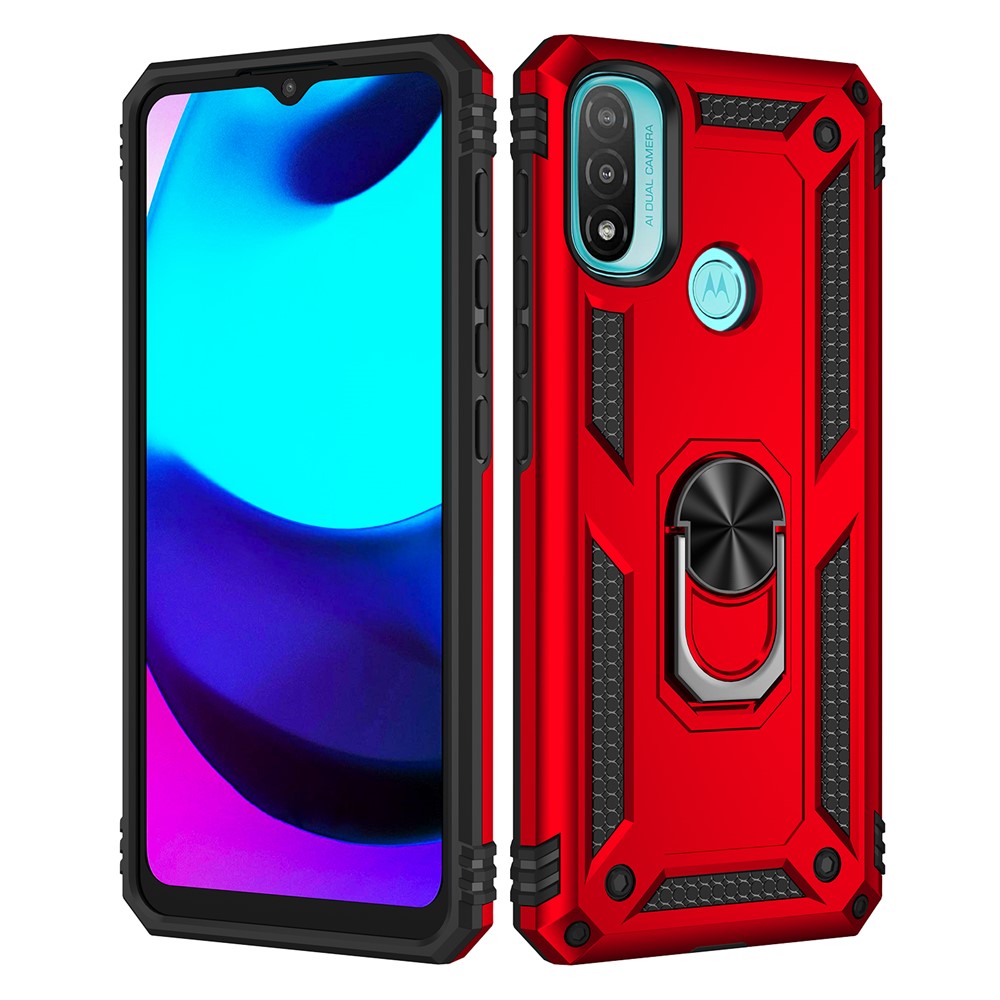 For Motorola Moto E20 Military Grade Drop-Proof PC + TPU Hybrid Cell Phone Case with Rotatory Ring Kickstand - Red-2