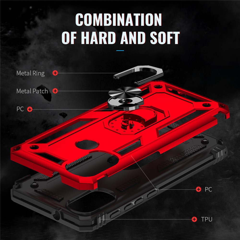 For Motorola Moto E20 Military Grade Drop-Proof PC + TPU Hybrid Cell Phone Case with Rotatory Ring Kickstand - Red-3