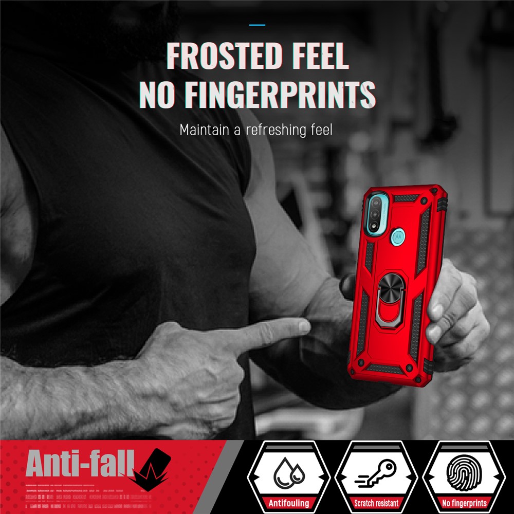 For Motorola Moto E20 Military Grade Drop-Proof PC + TPU Hybrid Cell Phone Case with Rotatory Ring Kickstand - Red-6