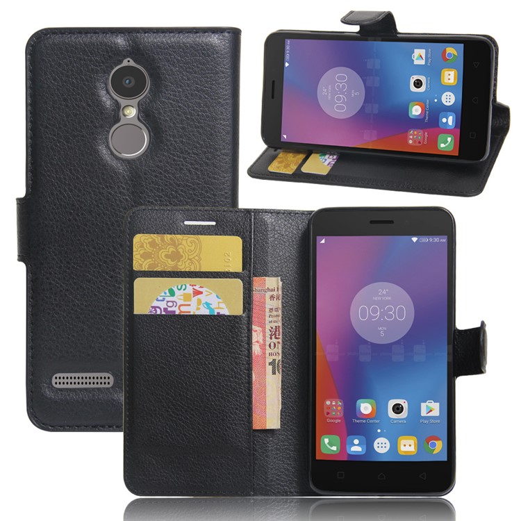 Litchi Skin Wallet Leather Stand Case for Lenovo K6 - Black-1