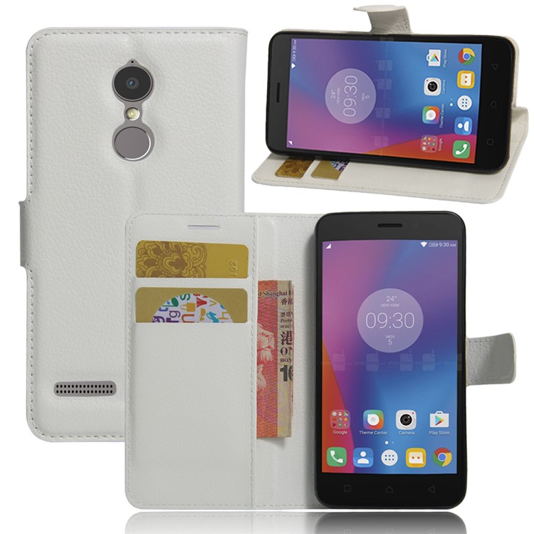 Litchi Skin Wallet Leather Stand Cover for Lenovo K6 - White-1
