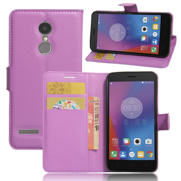 Litchi Skin Leather Stand Cover with Card Slots for Lenovo K6 - Purple-1