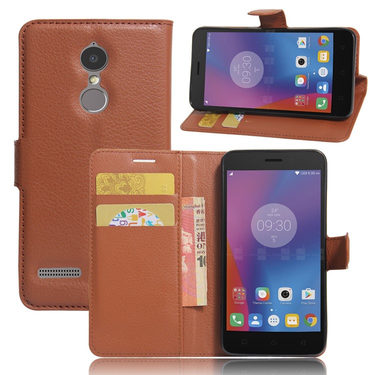 Litchi Skin Phone Leather Wallet Case for Lenovo K6 - Brown-1