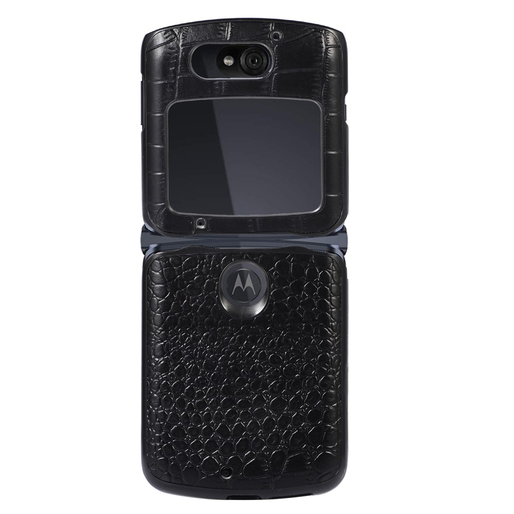 For Motorola Razr 5G Crocodile Texture Genuine Cowhide Leather Coating Phone Case Inner PC + TPU Hybrid Cover - Black-1