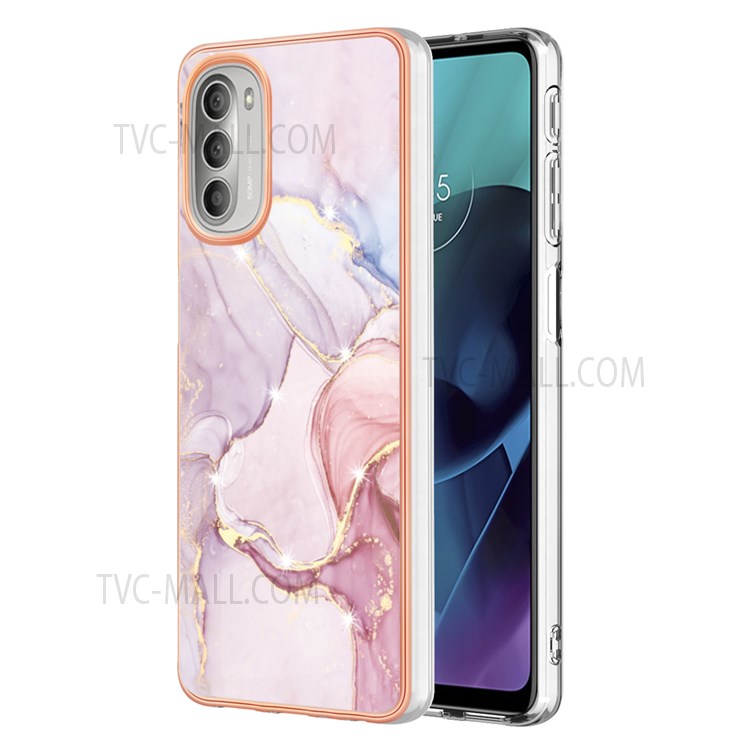 YB IMD Series-2 Marble Non-Slip Case for Motorola Moto G51 5G, Electroplated Edge Soft TPU IMD Back Cover - Rose Gold 005-1