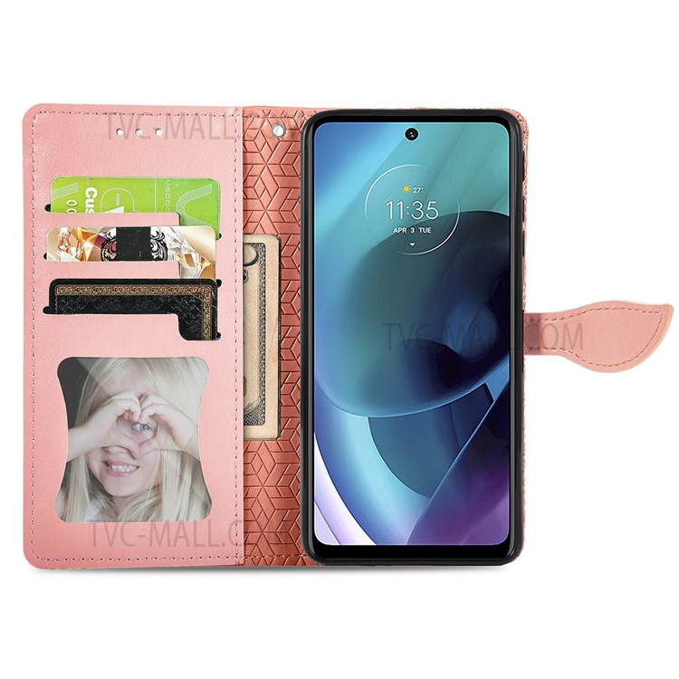 For Motorola Moto G51 5G PU Leather Book Stand Case Imprinted Dream Wings Pattern Wallet Style Flip Cover with Strap - Orange-4