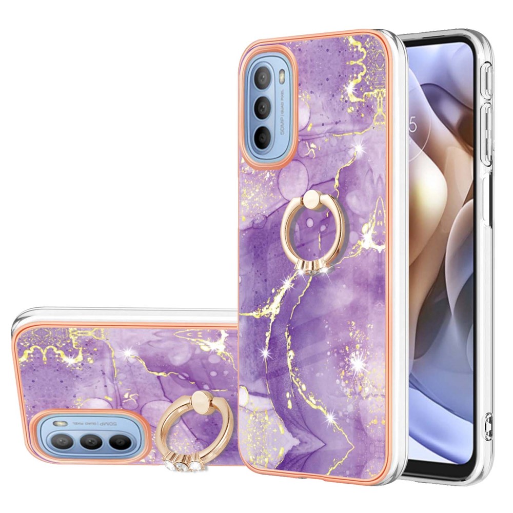 YB IMD Series-10 for Motorola Moto G51 5G Electroplating IMD TPU Cover Marble Pattern Phone Case with Ring Kickstand - Purple 002-1