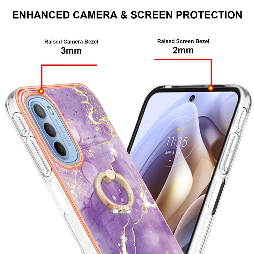YB IMD Series-10 for Motorola Moto G51 5G Electroplating IMD TPU Cover Marble Pattern Phone Case with Ring Kickstand - Purple 002-3