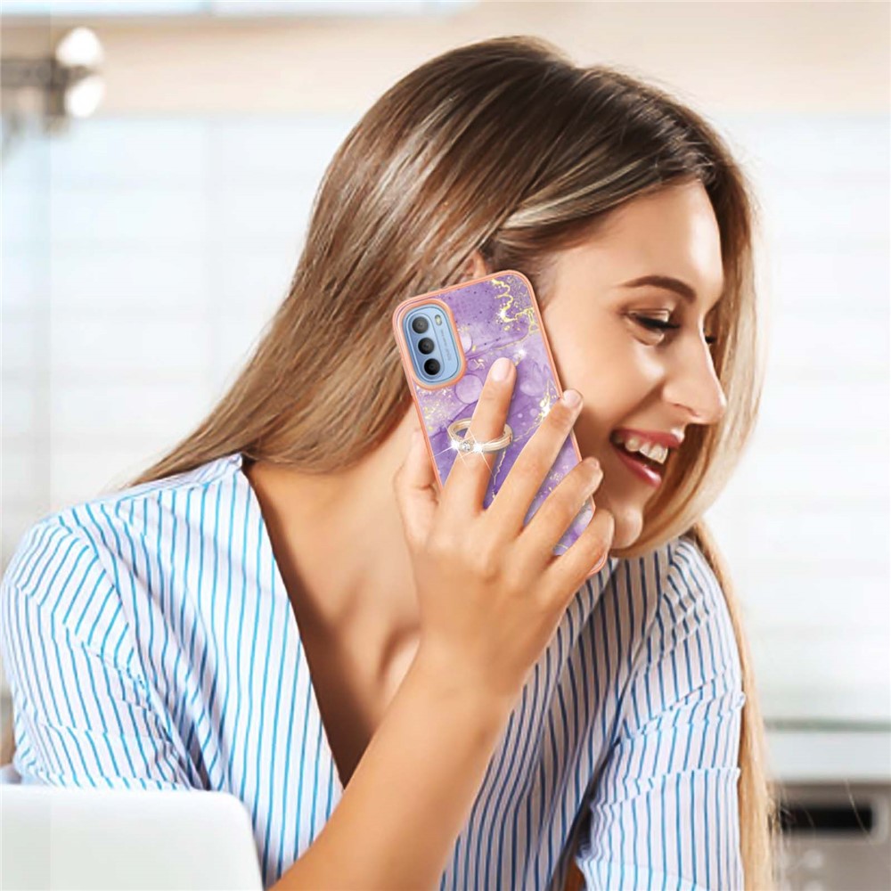 YB IMD Series-10 for Motorola Moto G51 5G Electroplating IMD TPU Cover Marble Pattern Phone Case with Ring Kickstand - Purple 002-4