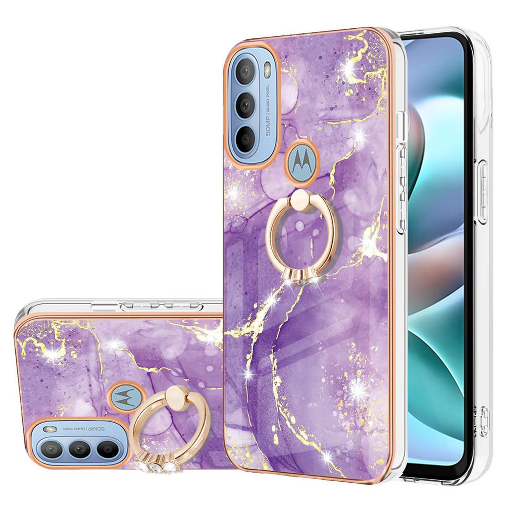 YB IMD Series-10 for Motorola Moto G31/Moto G41 Phone Case Marble Pattern Soft TPU Ring Kickstand Anti-scratch Electroplated IMD Phone Case Shell - Purple 002-1