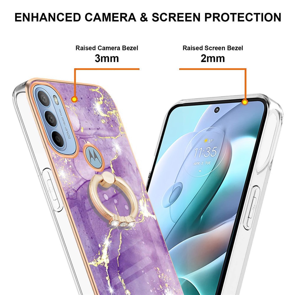 YB IMD Series-10 for Motorola Moto G31/Moto G41 Phone Case Marble Pattern Soft TPU Ring Kickstand Anti-scratch Electroplated IMD Phone Case Shell - Purple 002-3