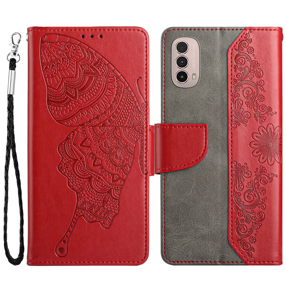 For Motorola Moto E40 PU Leather Imprinting Butterfly Flower Wallet Cover Magnetic Closure Stand Folio Phone Case with Strap - Red-1