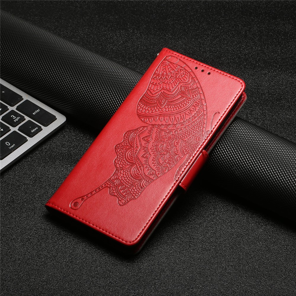 For Motorola Moto E40 PU Leather Imprinting Butterfly Flower Wallet Cover Magnetic Closure Stand Folio Phone Case with Strap - Red-10