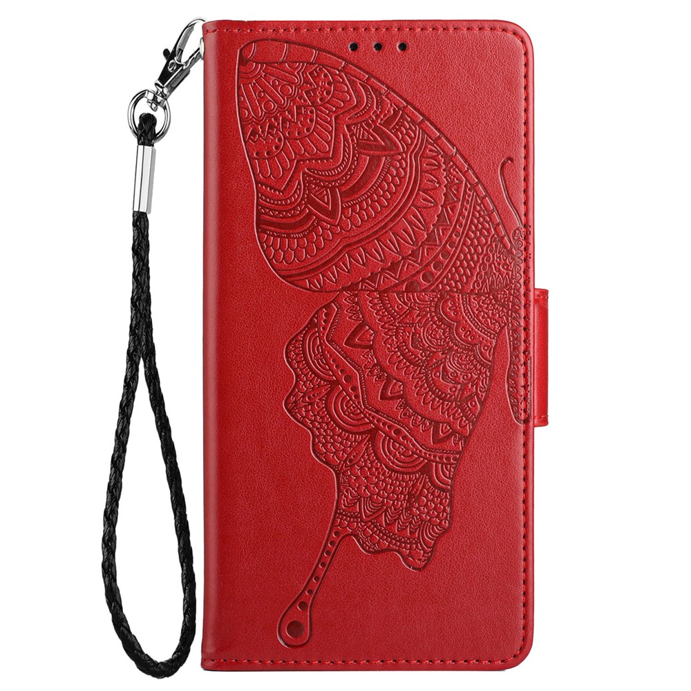 For Motorola Moto E40 PU Leather Imprinting Butterfly Flower Wallet Cover Magnetic Closure Stand Folio Phone Case with Strap - Red-2