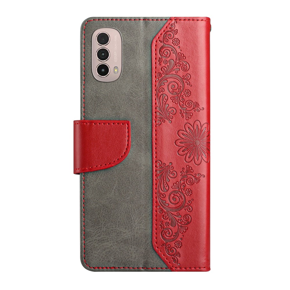 For Motorola Moto E40 PU Leather Imprinting Butterfly Flower Wallet Cover Magnetic Closure Stand Folio Phone Case with Strap - Red-3