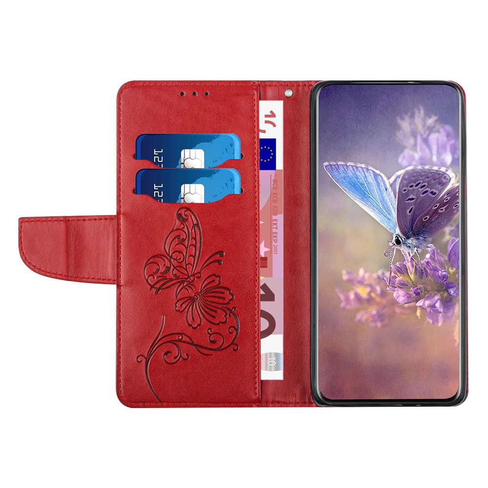 For Motorola Moto E40 PU Leather Imprinting Butterfly Flower Wallet Cover Magnetic Closure Stand Folio Phone Case with Strap - Red-4