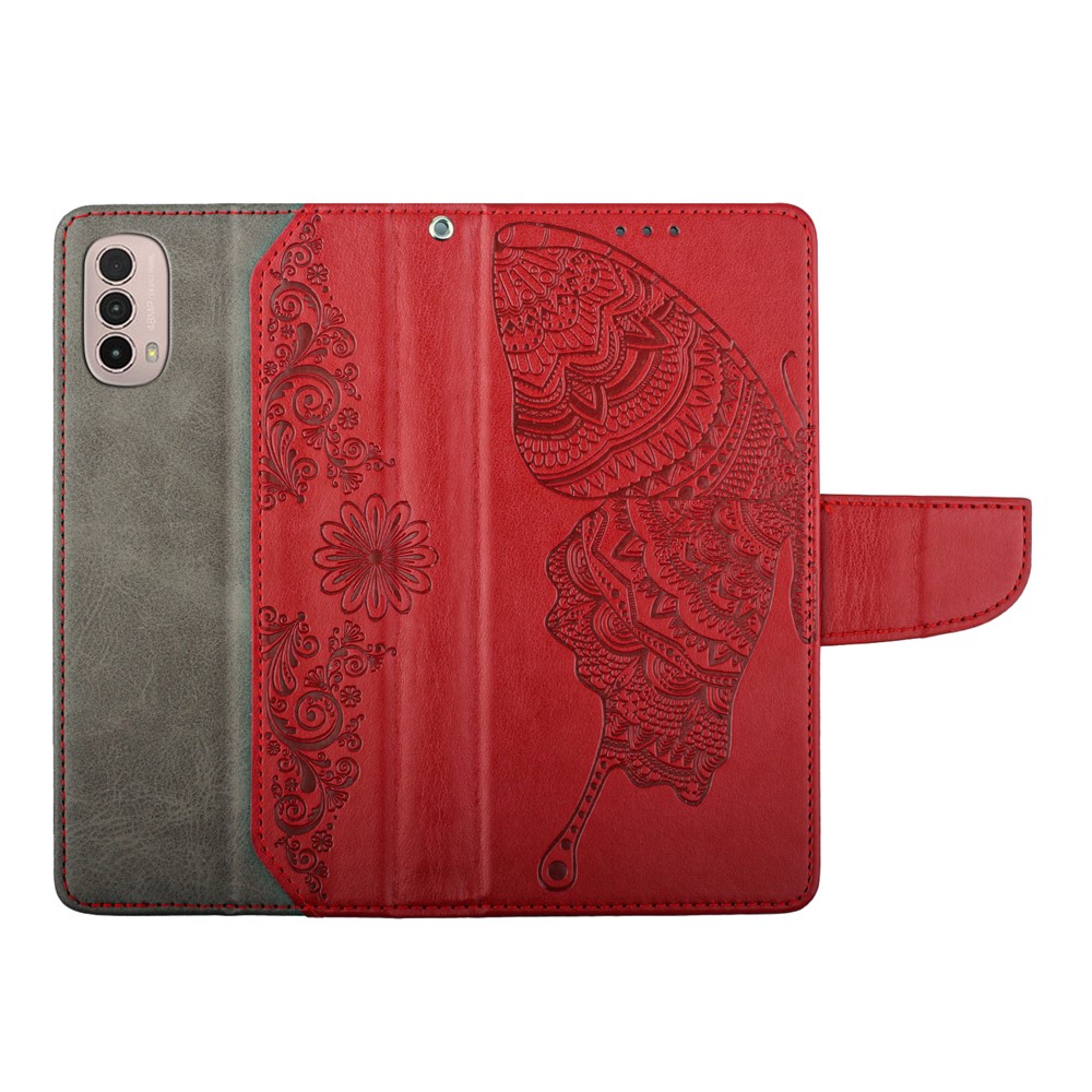 For Motorola Moto E40 PU Leather Imprinting Butterfly Flower Wallet Cover Magnetic Closure Stand Folio Phone Case with Strap - Red-6
