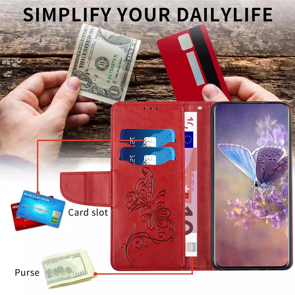 For Motorola Moto E40 PU Leather Imprinting Butterfly Flower Wallet Cover Magnetic Closure Stand Folio Phone Case with Strap - Red-7
