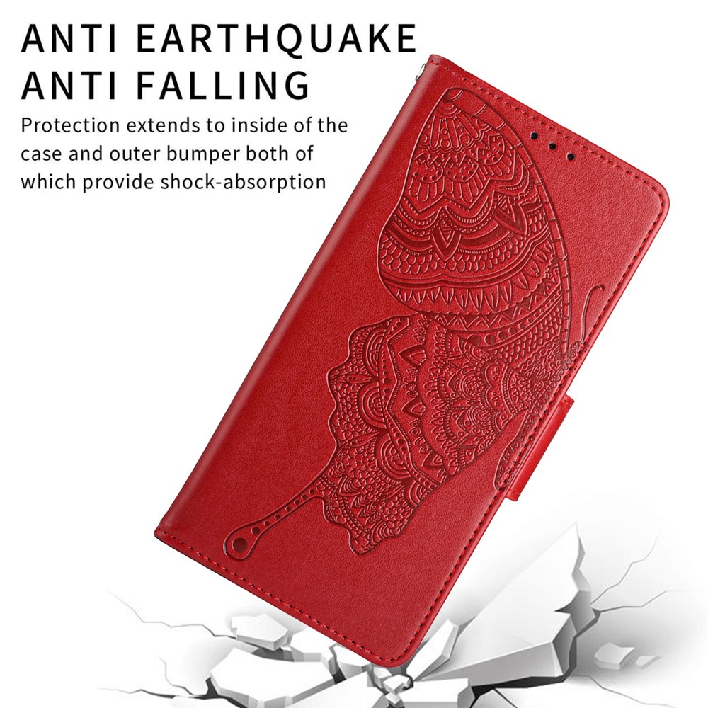 For Motorola Moto E40 PU Leather Imprinting Butterfly Flower Wallet Cover Magnetic Closure Stand Folio Phone Case with Strap - Red-8