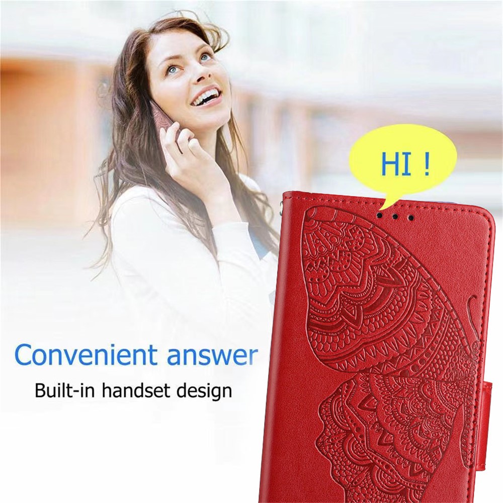 For Motorola Moto E40 PU Leather Imprinting Butterfly Flower Wallet Cover Magnetic Closure Stand Folio Phone Case with Strap - Red-9