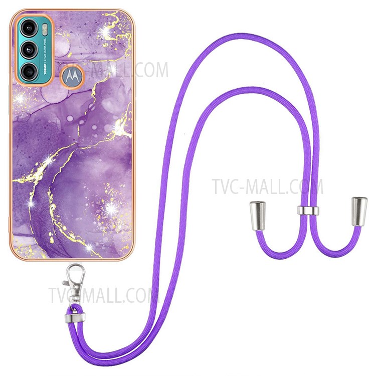 YB IMD Series-9 Phone Case for Motorola Moto G60/Moto G40 Fusion Stylish IMD Marble Electroplating Frame Soft TPU Shockproof Cover with Lanyard - Purple 002-1