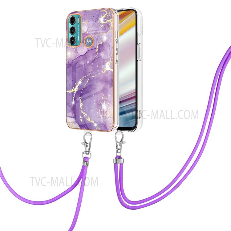YB IMD Series-9 Phone Case for Motorola Moto G60/Moto G40 Fusion Stylish IMD Marble Electroplating Frame Soft TPU Shockproof Cover with Lanyard - Purple 002-2